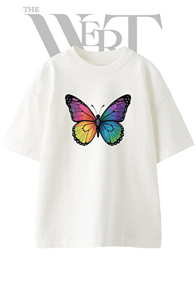 THEWERT Rainbow Galaxy Butterfly Design Printed Unisex White Oversize T-Shirt