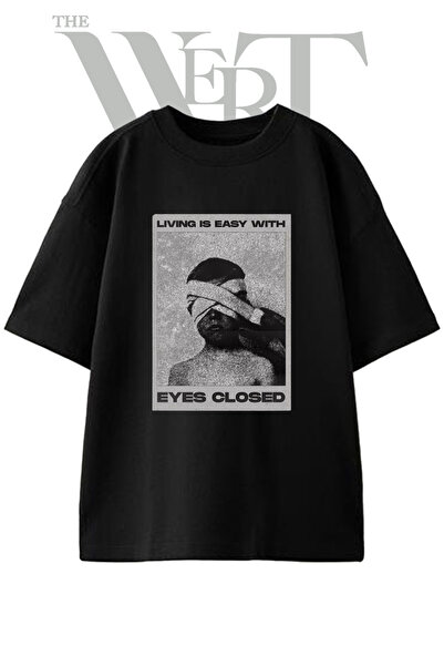 THEWERT Blindfolded Eyes Closed Design Printed Unisex Black Oversize T-Shirt