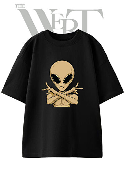 THEWERT تي شيرت Gray Alien_1 بتصميم مطبوع باللون الأسود للجنسين
