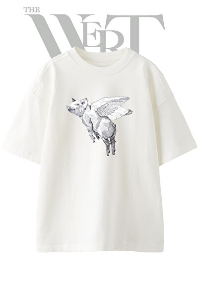 THEWERT Flying Pig Design Printed Unisex White Oversize T-Shirt