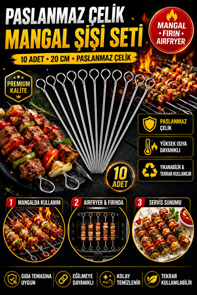 Hane Dostu 10 Adet Paslanmaz Çelik Mangal Şişi 20 cm Çöp Şiş Seti Airfryer Fı...