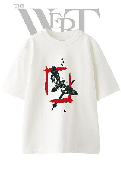 THEWERT Skull Moth Design Printed Unisex White Oversize T-Shirt
