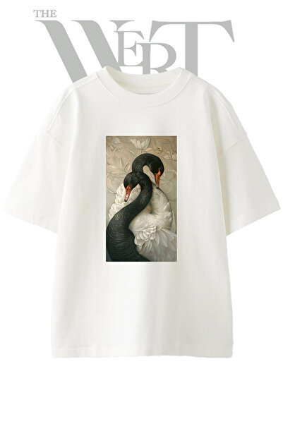 THEWERT Μπλουζάκι Unisex Λευκό Oversize με στάμπα Black White Swans Design