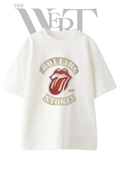 THEWERT Tricou oversize alb unisex cu imprimeu Rolling Stones Design