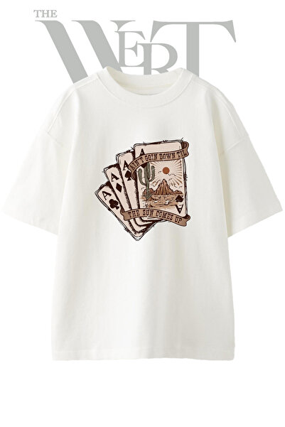 THEWERT Tricou oversize alb unisex cu imprimeu Desert Aces Design