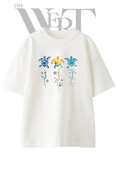 THEWERT Sea Turtle_1 Design Printed Unisex White Oversize T-Shirt