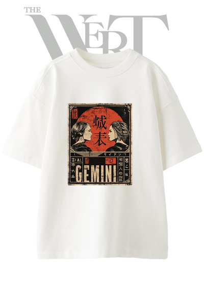 THEWERT Ιαπωνικό μπλουζάκι με στάμπα Gemini Design, Unisex, λευκό, oversized