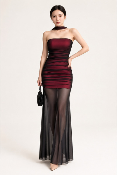 None Wear Burgundy Inner Dress Short Transparent Tulle Long Gothic Dress