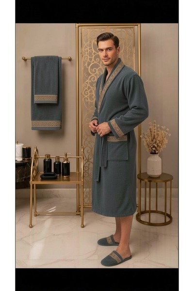 ozlıkaa Premium 100% Cotton Unisex Shawl Pocket Bathrobe Set 4 Piece Towel and Slipper Set