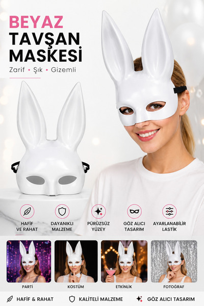 ALL FAST Lüks Peluş Uzun Kulaklı Beyaz Tavşan Maskesi Yetişkin Kostüm Maskesi...