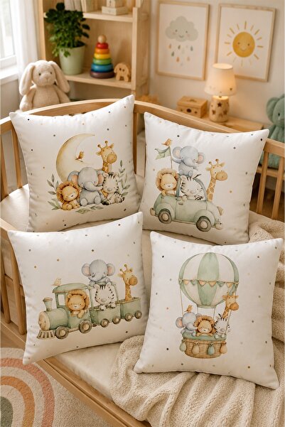 EVPANYA Safari Friends Patterned Set of 4 Children's and Baby Pillow Covers
