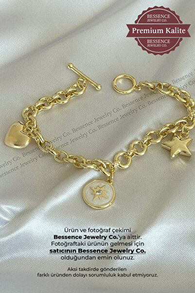 BESSENCE JEWELRY CO. CM Jew 14K Gold T Bar Kilitli Halka Zincirli Kalp ve Yıl...