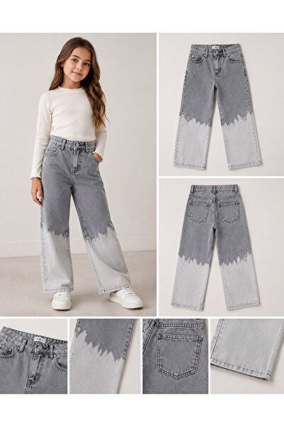 vinezza Kız Çocuk Gri İki Renk Geçişli Geniş Paça Denim Jean Pantolon