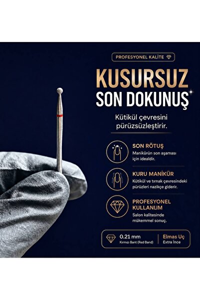 Rulia Professional Kuru Manikür 0.21 Kırmızı Top Elmas Freze Ucu Kütikül ve S...