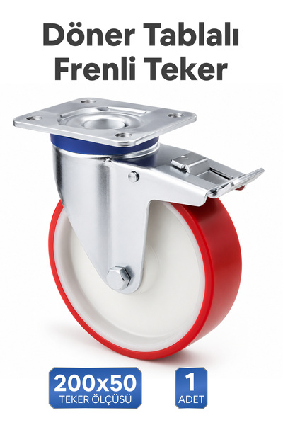 Badem10 Frenli Döner Tablalı 200x50 mm Poliamid Teker Kırmızı Rulmanlı Sanayi Tipi Teker