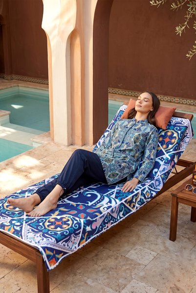 Remsa Mayo Printed Sea Pool Beach Towel 02 İznik Navy Blue
