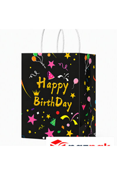 12x15x6 Buklum Sapli Kagit Canta Happy Baskili Siyah | 25 Adet