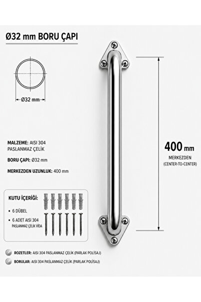 OnurBüküm Çap 32 Paslanmaz Çelik Tutunma Barı 40cm