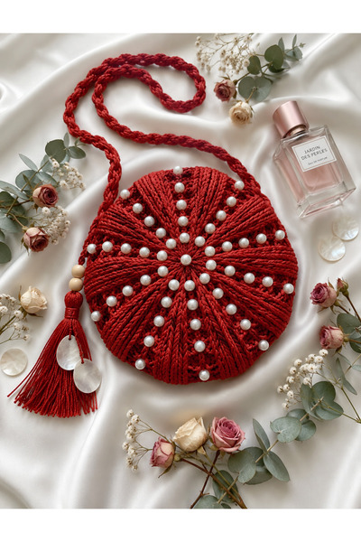 Verda Desing Pearl Decoration Detailed Round Macaron Straw Red Color Bag / Ha...
