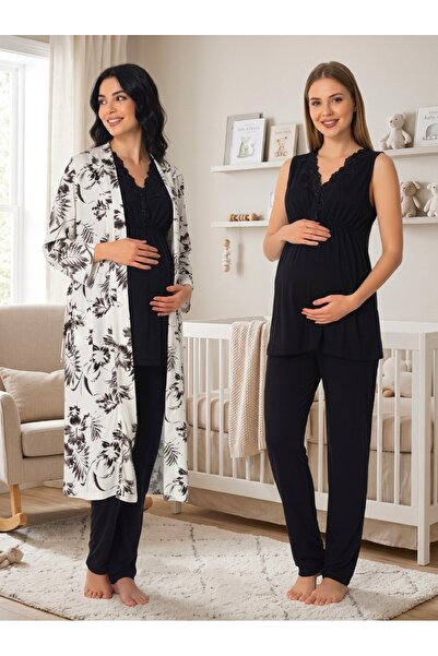 Lohusa Homewear طقم بيجامة للحوامل من نيو سيزون، تصميم صيفي أسود منقوش بالدان...