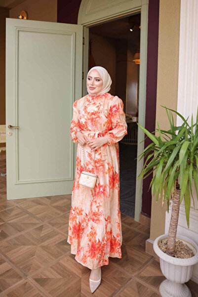 İmajButik Pomegranate Flower Skirt Layered Patterned Viscose Dress