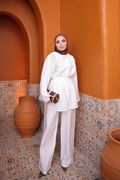 İmajButik Ecru Shoulder Buckle Tunic and Trousers Set