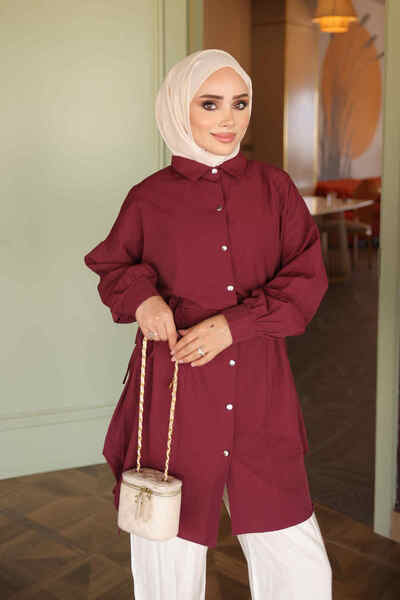 İmajButik Bordo Bel Bağlamalı Düğmeli Tunik
