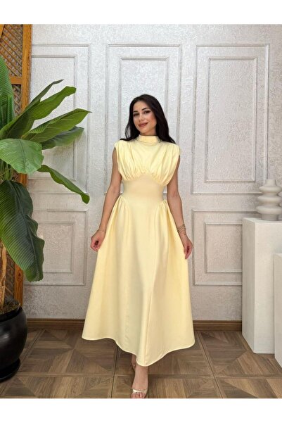 Mar style فستان ميدي بياقة عالية وتفاصيل درابيه على الصدر