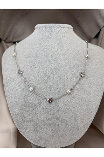 ZS Aksesuar Women's Silver Color Pearl and Heart Detailed Elegant Chain Neckl...
