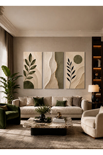 Zerawall MDF Tablo Botanik Yaprak ve Soyut Desenli 3’lü Set – Modern Salon Du...