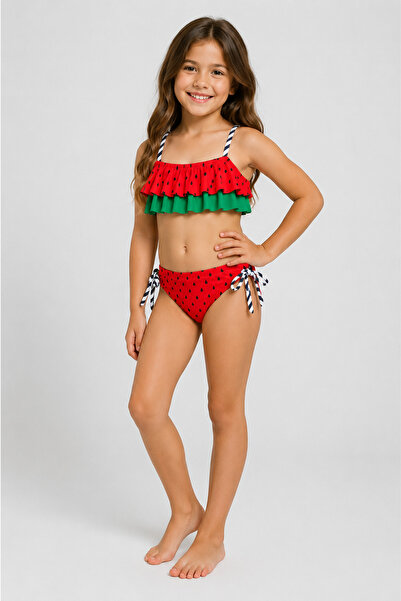 caddekids Kız Çocuk Karpuz Desenli Fırfırlı Bikini Takımı Plaj Mayo Yazlık De...