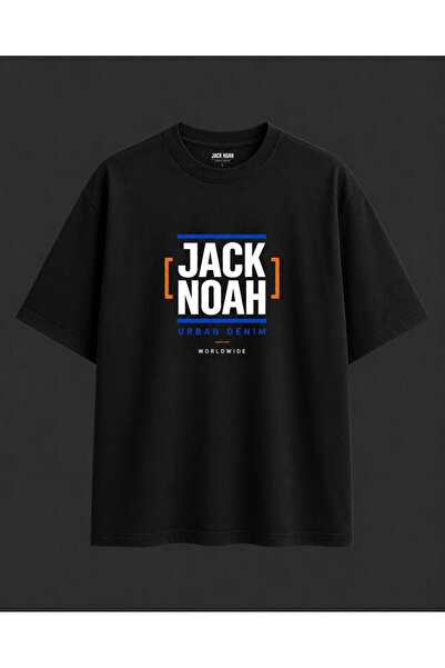 Jack & Noah Tricou oversize negru, confortabil, unisex, imprimat, pentru bărbați