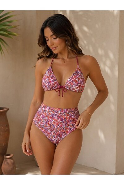 TEMSSHOP Premium Kadın Çiçek Desenli Yüksek Bel Bikini Takımı İpli Üçgen Kesi...