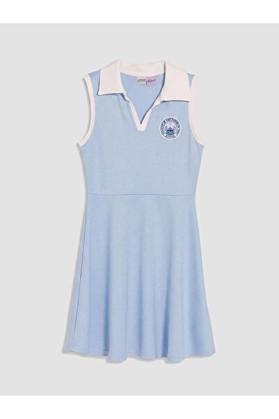 LC Waikiki Lcw Kids Blue Polo Collar Lilo & Stitch Embroidered Girls' Dress