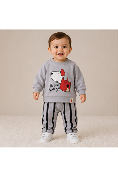 Erkek Bebek 2'li Takım Köpek Baskılı Sweatshirt ve Çizgili Eşofman Altı Gri