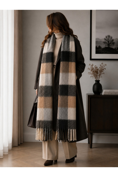 EveryScarf Dama Ekose Desenli Sütlü Kahve Rengi Kalın Yumuşak Dokulu Atkı