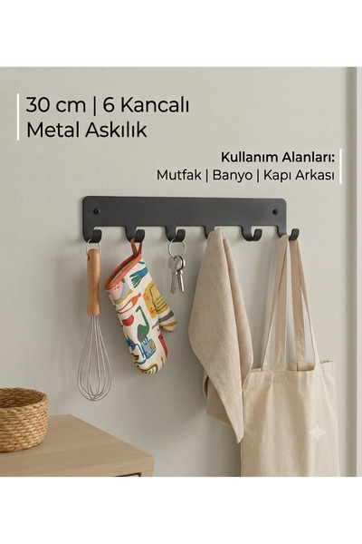 LUNOART 6 Kancalı Metal Askılık – Siyah Çok Amaçlı Kapı Arkası & Dolap İçi Dü...