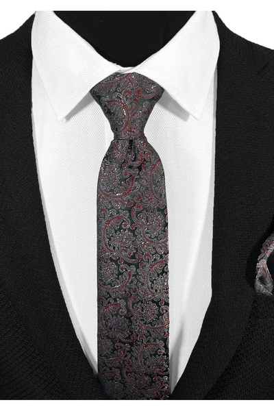 BLC Basic Line Co. Black and Burgundy Color Tie Set in Wooden Box |   Tie |   Pocket Handkerchief |   Cufflink |   Socks