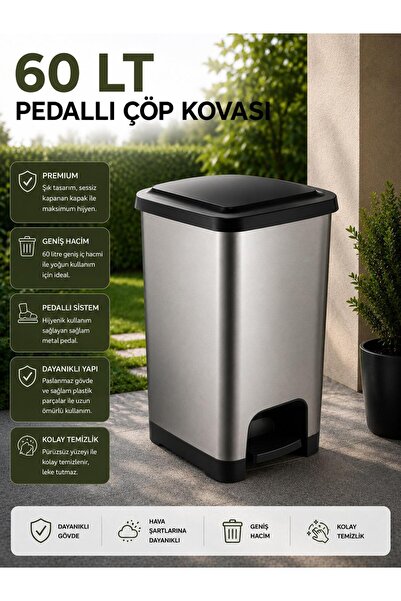 60 LT Slim Pedallı Çöp Kovası Gri - Siyah