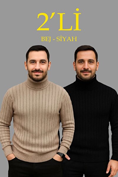 Mariposa Secret Men's Ribbed Sweater Full Turtleneck Knitwear Set of 2 Beige-...