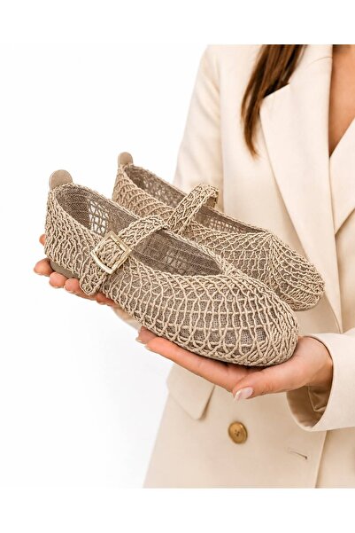 PAPUCUMUN DÜNYASI Women's Knitted Mesh Textured Buckle Mary Jane Flats