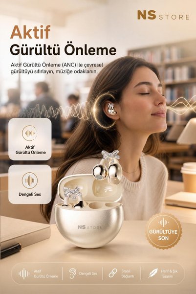 NS Store ANC Özellikli Klips Tasarım Kablosuz Kulaklık, Bluetooth 5.4, Bej Rengi, Fiyonk Charm Hediyeli
