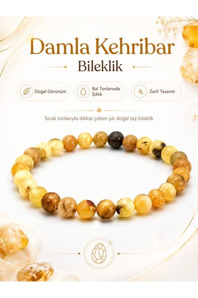 Muammer Köksal Design Pozitif Enerji Taşı Doğal Baltık Amber Damla Kehribar B...