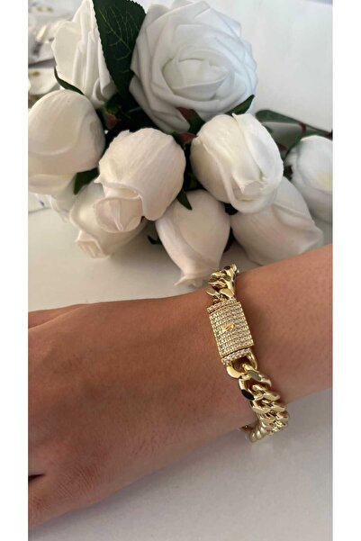 14k Gold Kaplama Taşlı Tokalı Gurmet Zincir Bileklik - Lüks Tasarım