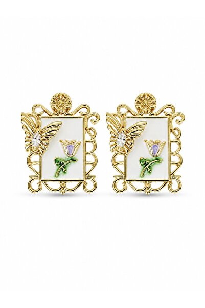 serelya Brass White Enamel Artistic Portrait Model Gold Color Women's Earrings