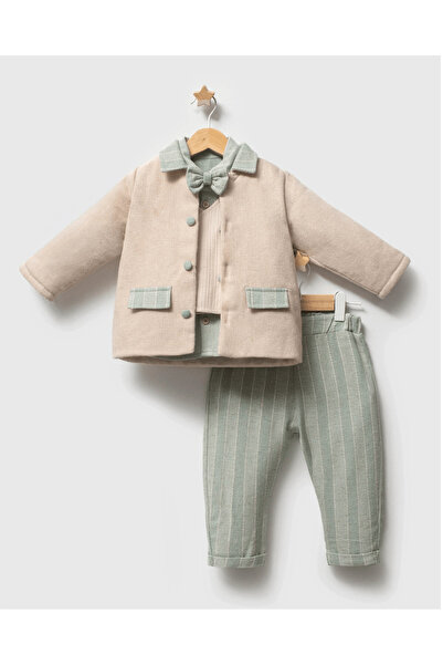 Momercy Boy's Green Color Striped Pants Shirt Vest Jacket Bow Tie Suit