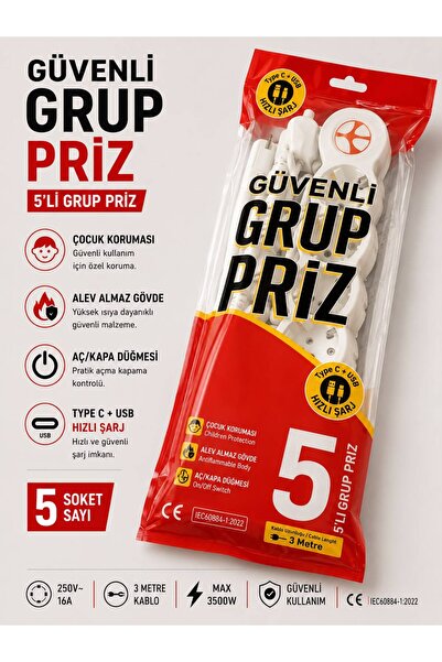 Tunçmatik 5'Lİ ANAHTARLI +TYPE+USB+3 METRE GRUP PRİZ