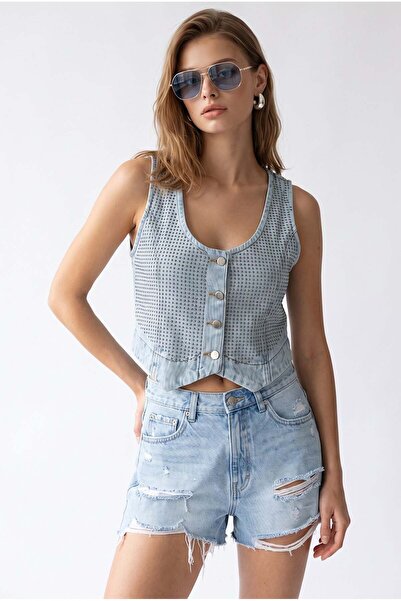 Mixray 2210 Kadın Taş İşlemeli Sırt Dekolteli Denim Yelek Mavi