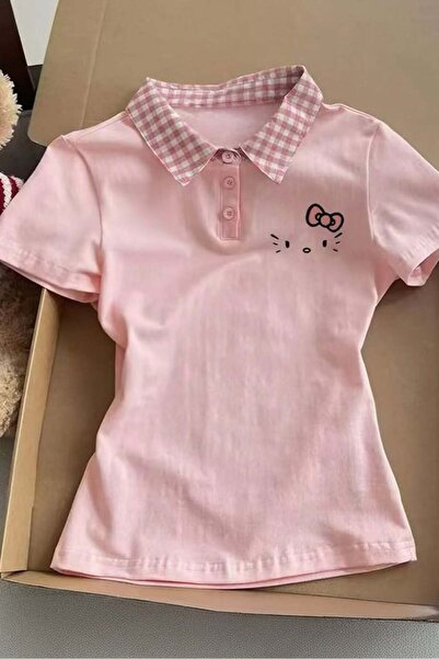 Karakedi Crop cu mânecă scurtă în carouri, cu guler polo, Hello Kitty Y2K