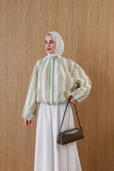 Genel Markalar Çizgi Desenli Fermuarlı Balon Kol Oversize Bomber Ceket – YEŞİL